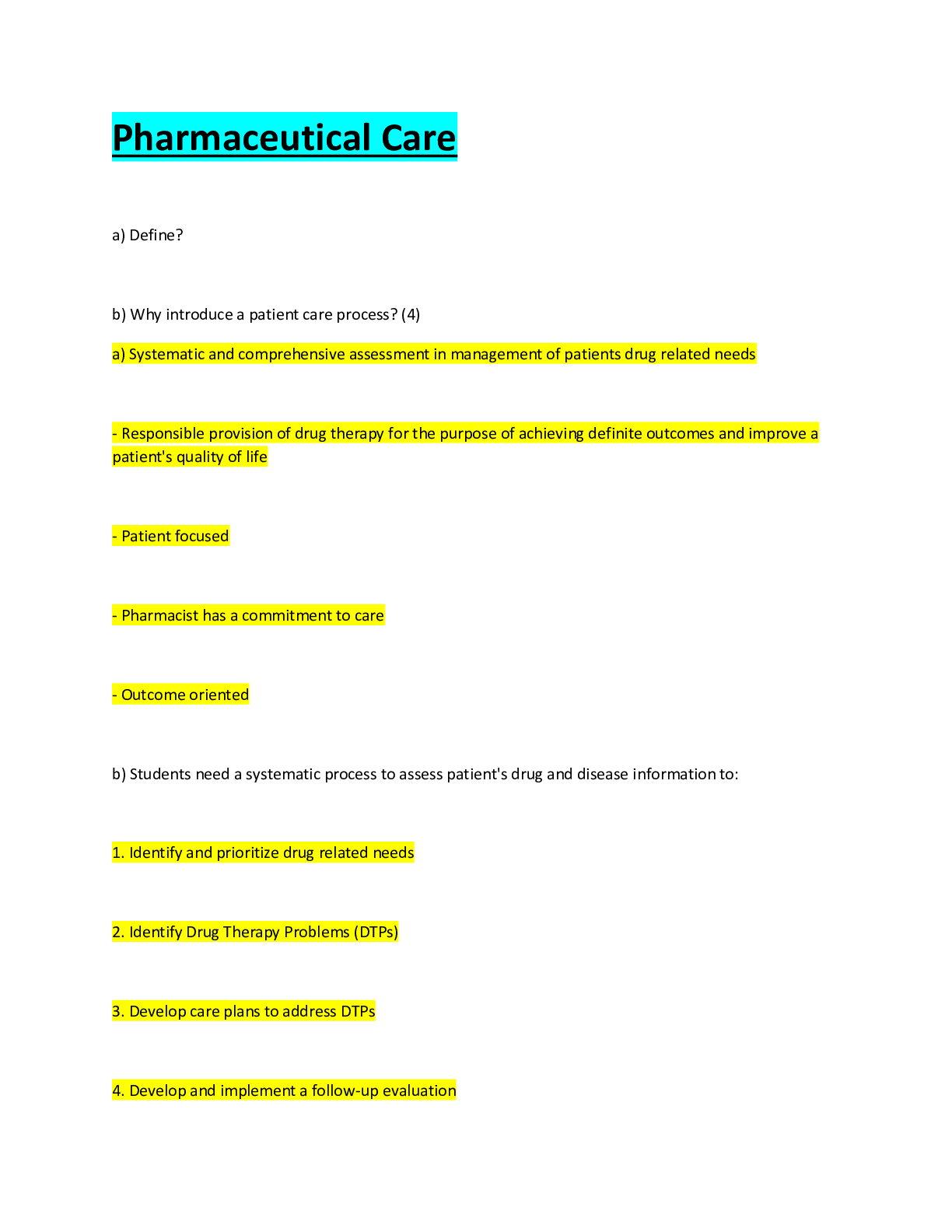 Preview image for Pharmaceutical Care exam graded A